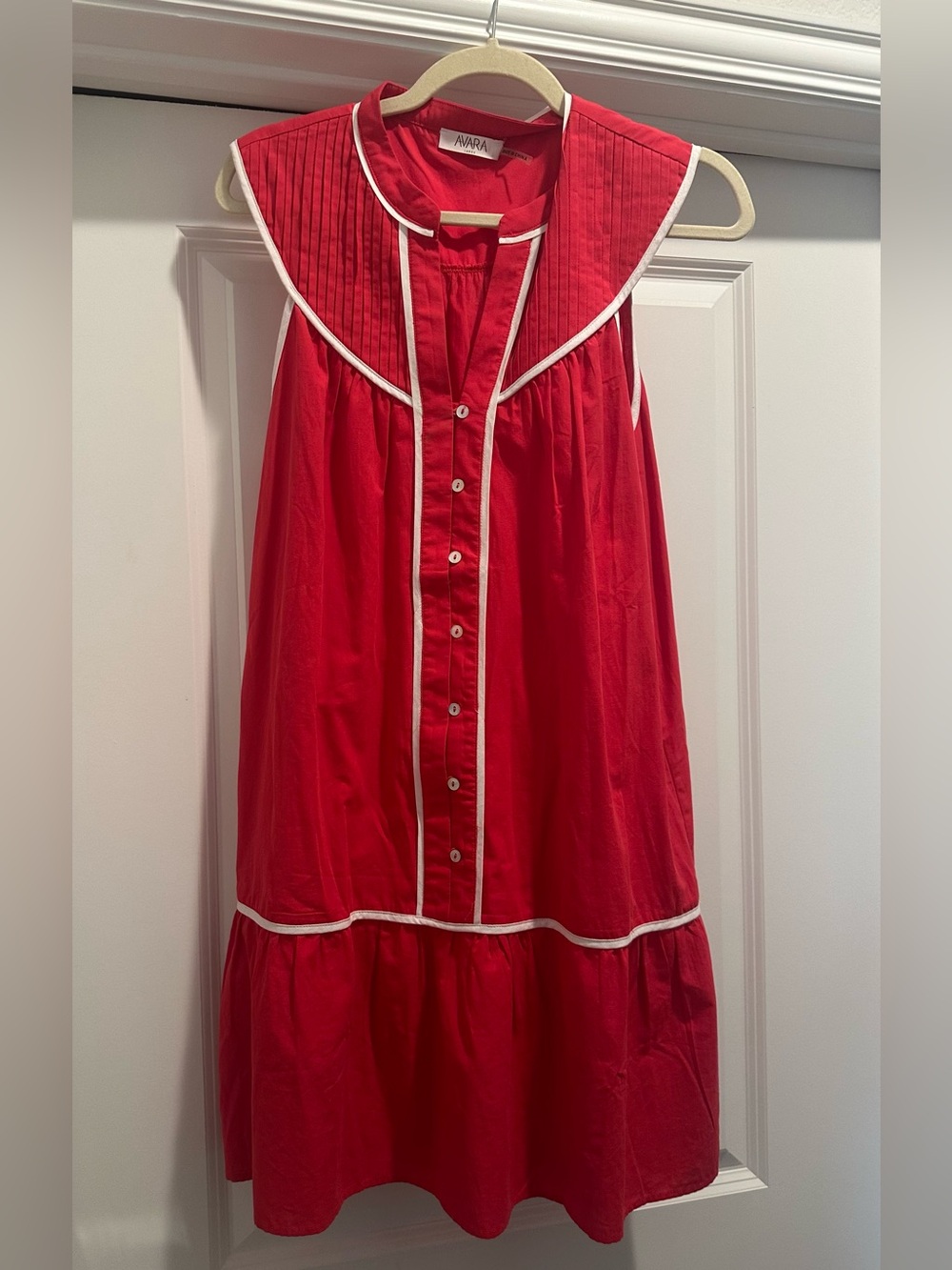 Avara Red Sleeveless Button-Front Dress with White Piping perfect for July 4th!